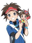  2boys bangs blue_jacket blush bright_pupils brown_hair commentary_request grey_eyes grin hands_up holding jacket looking_at_viewer multiple_boys nagi_(exsit00) nate_(pokemon) parted_bangs pokemon pokemon_(game) pokemon_bw2 pokestar_studios popped_collar red_headwear short_hair short_sleeves simple_background smile strap teeth visor_cap white_background white_pupils 