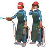  1girl absurdres apron black_apron black_hair blue_pants blue_shirt chanta_(ayatakaoisii) collared_shirt gloves grey_footwear highres multiple_views orange_gloves original pants red_mask shadow shirt shoes short_hair simple_background welding_mask welding_torch white_background 