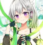  1girl :d ;d ^_^ bangs bare_shoulders black_gloves black_shirt blush braid closed_eyes closed_mouth collarbone commentary_request eyebrows_visible_through_hair fingerless_gloves gloves gradient_hair green_hair green_ribbon grey_hair hair_between_eyes half_gloves hand_up headphones maki_soutoki multicolored_hair multiple_views off-shoulder_shirt off_shoulder one_eye_closed open_mouth ribbon shirt smile violet_eyes virtual_youtuber white_background yuni_(yuni_channel) yuni_channel 