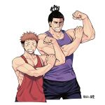  2boys bare_shoulders black_eyes black_hair black_pants cropped_legs flexing grin itadori_yuuji jujutsu_kaisen looking_at_viewer male_cleavage male_focus multicolored_hair multiple_boys muscular muscular_male pants pectorals pink_hair pose purple_tank_top red_tank_top scar scar_across_eye short_hair sideburns sidepec smile tank_top tied_hair toudou_aoi_(jujutsu_kaisen) two-tone_hair white_background youhe_hino 