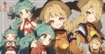  3girls :3 ^_^ arm_up bangs blonde_hair bow brown_hair brown_headwear closed_eyes cloud_print cropped_torso curly_hair detached_sleeves eyebrows_visible_through_hair green_eyes green_hair grey_background hair_bow hakurei_reimu hand_on_another&#039;s_shoulder hands_on_own_cheeks hands_on_own_face heart horns kariyushi_shirt komainu komano_aunn long_hair long_sleeves looking_at_another looking_at_viewer matara_okina multiple_girls nontraditional_miko one_eye_closed piyokichi red_bow red_shirt red_skirt shirt short_sleeves shorts single_horn skirt smile tabard touhou white_shorts wide_sleeves yellow_eyes 