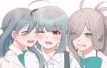  3girls ahoge asashimo_(kancolle) brown_eyes commentary_request dress_shirt eyes_visible_through_hair green_neckwear grey_eyes grey_hair grin hair_between_eyes hair_over_one_eye kantai_collection kasumi_(kancolle) kiyoshimo_(kancolle) long_hair low_twintails multiple_girls one_eye_closed open_mouth ponytail rinto_(rint_rnt) round_teeth sharp_teeth shirt side_ponytail silver_hair simple_background smile suspenders teeth twintails upper_body upper_teeth white_background white_shirt 