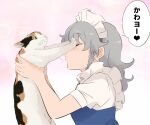  1girl animal bangs braid cat closed_eyes commentary_request eyebrows_visible_through_hair from_side holding holding_animal holding_cat izayoi_sakuya long_hair maid maid_headdress pink_background profile puffy_short_sleeves puffy_sleeves pushing_away shirt short_sleeves shundou_heishirou silver_hair solo touhou translation_request upper_body white_shirt 