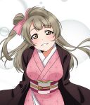  1girl :d bangs blush bow brown_eyes brown_hair cosplay hair_bow hair_ornament haori highres japanese_clothes kamado_nezuko kamado_nezuko_(cosplay) kimetsu_no_yaiba kimono long_hair long_sleeves looking_at_viewer love_live! love_live!_school_idol_project mei_(d9en03iu3cwlafx) minami_kotori obi one_side_up open_mouth pink_kimono sash simple_background smile solo 