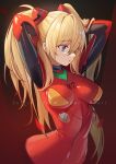  1girl arms_up bangs blonde_hair blue_eyes bodysuit breasts closed_mouth cropped_torso english_text eyebrows_visible_through_hair hair_between_eyes hair_ornament hands_in_hair highres komi_(komiking) long_hair looking_away looking_down medium_breasts neon_genesis_evangelion number petals plugsuit red_bodysuit solo souryuu_asuka_langley two-tone_background two_side_up upper_body 