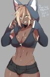  1girl 2021 abs agawa_ryou blonde_hair breasts dark_skin dated grey_background grin long_hair looking_at_viewer medium_breasts midriff navel original short_shorts shorts simple_background smile solo wolf_hood yellow_eyes zipper 