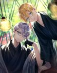  2boys aqua_eyes bespectacled black-framed_eyewear black_gloves blonde_hair blue_eyes glasses gloves highres japanese_clothes kimono lantern male_focus multiple_boys noes silver_hair smile touken_ranbu window yamanbagiri_chougi yamanbagiri_kunihiro 