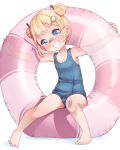  1girl alternate_hairstyle bandaid bandaid_on_knee bandaid_on_nose bare_arms bare_legs barefoot blonde_hair blue_eyes blue_swimsuit child commentary double_bun full_body grin hair_ornament hairclip head_tilt highres hololive hololive_english innertube looking_at_viewer monocle_hair_ornament renpc simple_background sitting smile solo swimsuit virtual_youtuber watson_amelia white_background younger 