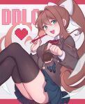  1boy 1girl bangs black_legwear blazer bow breasts brown_hair doki_doki_literature_club eyebrows_visible_through_hair green_eyes hair_bow hair_ribbon highres jacket long_hair looking_at_viewer m1stm1 monika_(doki_doki_literature_club) open_mouth over-kneehighs ponytail ribbon school_uniform skirt smile thigh-highs thighs white_bow white_ribbon 