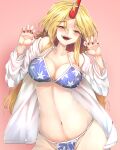  1girl absurdres bangs bare_shoulders blonde_hair blue_bra blue_panties blush bra breasts eyebrows_visible_through_hair hands_up highres horns hoshiguma_yuugi large_breasts long_hair long_sleeves looking_at_viewer open_mouth panties pink_background red_eyes red_nails shirt single_horn smile solo stomach sunyup touhou underwear white_shirt white_sleeves 