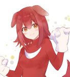  1girl :3 animal_ears bangs blush brown_hair clenched_hands cosplay dog_ears dog_girl eyebrows_visible_through_hair fukahire_(ruinon) gloves highres hololive inugami_korone knuckles_the_echidna knuckles_the_echidna_(cosplay) redhead smile solo sonic_(series) spikes v-shaped_eyebrows virtual_youtuber white_background white_gloves 