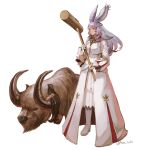  1girl animal animal_ears bangs boots cropped_jacket final_fantasy final_fantasy_xiv fingerless_gloves full_body gloves high_heel_boots high_heels holding holding_mallet long_hair long_sleeves mallet muraicchi_(momocchi) purple_hair rabbit_ears solo standing viera white_background yellow_eyes 
