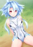 1girl bare_shoulders blue_hair blush breasts covered_navel elbow_gloves gloves hair_between_eyes highres katade leotard looking_at_viewer neptune_(series) open_mouth power_symbol red_eyes short_hair_with_long_locks small_breasts smile solo symbol-shaped_pupils white_gloves white_heart white_leotard 