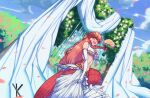  1girl :d absurdres blush bouquet breasts bride clouds dress earrings fangs flower hair_ornament hand_on_own_chest highres holding holding_bouquet jewelry lamia long_hair medium_breasts miia_(monster_musume) monster_girl monster_musume_no_iru_nichijou open_mouth outdoors pointy_ears redhead ring scales scenery sky slit_pupils smile solo wedding wedding_dress yankoe yellow_eyes 