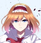  1girl alice_margatroid bangs blonde_hair blue_eyes cape closed_mouth eyebrows_visible_through_hair eyes_visible_through_hair hair_between_eyes hairband highres keenii_(kenny86) looking_at_viewer petals red_hairband red_neckwear short_hair simple_background solo touhou white_background white_cape 