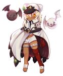  1girl absurdres bandages barefoot bat_wings blonde_hair cape chibi clover dark-skinned_female dark_skin dungeon_toaster four-leaf_clover guilty_gear guilty_gear_strive hat highres lucifero ramlethal_valentine shorts white_headwear wings yellow_eyes 