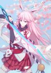  1girl absurdres animal_ears bangs bare_shoulders blue_sky cherry_blossoms closed_mouth elbow_gloves fox_ears fox_mask gloves hair_between_eyes highres holding holding_sword holding_weapon honkai_(series) honkai_impact_3rd katana kneehighs long_hair looking_at_viewer mask petals pink_hair purple_gloves shenhaishuli skirt sky smile solo sword tree violet_eyes weapon white_legwear yae_sakura yae_sakura_(gyakushinn_miko) 