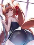  1girl absurdres animal_ears black_swimsuit blush brown_hair closed_mouth daiwa_scarlet_(umamusume) eyebrows_visible_through_hair hair_between_eyes hair_intakes highres horse_ears horse_girl horse_tail long_hair looking_at_viewer looking_back one-piece_swimsuit pomp_(qhtjd0120) red_eyes solo swimsuit tail tiara twintails umamusume wet wet_clothes 