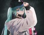  1girl arm_up baseball_cap black_headwear blue_eyes green_hair hakusai_(tiahszld) hand_on_headwear hat hatsune_miku hood hood_down hooded_jacket jacket long_hair long_sleeves mask mask_pull mouth_mask puffy_long_sleeves puffy_sleeves sleeves_past_fingers sleeves_past_wrists solo twintails upper_body vocaloid white_jacket 