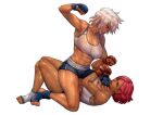  2girls abs absurdres angry blazblue blazblue:_chronophantasma blocking breasts bullet_(blazblue) cirenk dark-skinned_female dark_skin fighting giovanna_(guilty_gear) guilty_gear guilty_gear_strive hand_on_another&#039;s_chest highres medium_breasts mma_gloves multiple_girls pinned punching redhead shiny shiny_skin short_hair shorts simple_background sitting sitting_on_person socks sports_bra sportswear thighs toned white_hair 