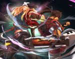  2boys axl_low bandana belt blonde_hair brown_gloves brown_hair chain fingerless_gloves gloves guilty_gear guilty_gear_strive highres jacket long_hair multiple_boys pants ponytail red_jacket sol_badguy tentenkingyo white_pants 