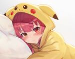  1girl :t alternate_costume ayama_nano bangs blush character_print closed_mouth commentary_request cosplay eyebrows_visible_through_hair eyelashes gen_1_pokemon heterochromia highres hololive hood hood_up houshou_marine kigurumi long_hair looking_at_viewer lying on_side pajamas pikachu pokemon pout red_eyes redhead shiny shiny_hair solo virtual_youtuber white_background yellow_eyes 