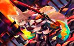  1girl animal_ear_fluff animal_ears arm_strap bare_shoulders black_gloves black_legwear black_shorts blonde_hair boots crop_top fox_ears fox_girl fox_tail gloves green_eyes highres holding holding_sword holding_weapon jacket kokonoe_tsubaki long_hair looking_at_viewer midriff multiple_tails navel open_clothes open_jacket original outstretched_arms revealing_clothes short_shorts shorts sleeveless sleeveless_jacket solo sword tail thigh-highs two_tails v-shaped_eyebrows weapon yoshizawa_tsubaki 