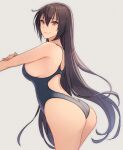  1girl ass bare_arms bare_legs bare_shoulders black_hair black_swimsuit breasts closed_mouth cowboy_shot eyebrows_visible_through_hair grey_background hair_between_eyes highres kantai_collection kasumi_(skchkko) large_breasts long_hair nagato_(kancolle) one-piece_swimsuit red_eyes simple_background smile solo swimsuit 