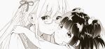  2girls :3 bangs blunt_bangs blush braid cheek-to-cheek child closed_mouth geshumaro greyscale hair_ornament hair_ribbon highres hug logo long_hair looking_at_viewer monochrome multiple_girls original ribbon school_uniform semi-rimless_eyewear serafuku side_braid smile under-rim_eyewear 