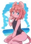  1girl animal_ears beach black_swimsuit blue_eyes clouds finger_to_mouth furry hand_to_own_mouth highres mouse_ears mouse_girl mouse_girl_(yuuki_(yuyuki000)) mouse_tail ocean one-piece_swimsuit original outdoors pink_hair school_swimsuit short_hair sitting sky solo swimsuit tail thighs yuuki_(yuyuki000) 