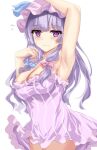 1girl armpits bangs bare_shoulders blue_bow blue_ribbon blush bow breasts closed_mouth dress duplicate eyebrows_visible_through_hair eyes_visible_through_hair hair_bow hands_up hat hime_cut kerotsupii_deisuku long_hair looking_at_viewer medium_breasts patchouli_knowledge pink_bow pink_dress pink_headwear pixel-perfect_duplicate purple_hair ribbon simple_background sleeveless solo striped striped_dress touhou violet_eyes white_background