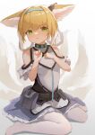  1girl absurdres animal_ears arknights bangs bare_shoulders blonde_hair blue_hairband braid commentary_request eyebrows_behind_hair fang fox_ears fox_girl fox_tail frilled_skirt frills green_eyes hair_between_eyes hair_rings hairband hands_up highres kitsune looking_at_viewer no_shoes pantyhose parted_lips purple_skirt shirt sitting skirt solo suzuran_(arknights) tail twin_braids wariza white_legwear white_shirt zombie_ke 