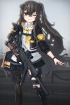  1girl ;) absurdres armband bangs black_hair black_jacket black_legwear black_skirt closed_mouth collared_shirt commentary dress_shirt eyebrows_visible_through_hair girls_frontline gun h&amp;k_ump45 hair_between_eyes highres holding holding_gun holding_weapon jacket long_hair long_sleeves looking_at_viewer mod3_(girls_frontline) one_eye_closed one_side_up open_clothes open_jacket pleated_skirt scar scar_across_eye shirt single_leg_pantyhose skirt smile solo standing stratosphere_(coom1017) ump45_(girls_frontline) very_long_hair weapon white_shirt yellow_neckwear 