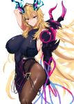  1girl abs arm_behind_head arm_up armor bangs bare_shoulders black_dress black_gloves blonde_hair blue_eyes breasts brown_legwear chain covered_navel didgmlwls77 dress elbow_gloves fate/grand_order fate_(series) gauntlets gawain_(fairy_knight)_(fate) gloves grin heterochromia highres horns large_breasts long_hair looking_at_viewer muscular muscular_female pantyhose pauldrons pelvic_curtain red_eyes shoulder_armor sideboob single_gauntlet single_pauldron smile thighs toned 