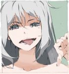  1girl grey_eyes grey_hair highres justminor open_mouth original solo teeth thumbs_down tongue tongue_out white_background 