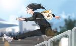  1girl bag black_hair blurry depth_of_field from_side full_body glasses haikyuu!! jacket jumping long_hair long_sleeves neamvi open_mouth outdoors pants shimizu_kiyoko shoes sneakers sunlight track_jacket track_pants track_suit white_footwear white_legwear 