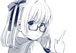  1girl blue_theme blush closed_mouth from_behind geshumaro glasses hair_ribbon hand_up highres index_finger_raised looking_at_viewer looking_back medium_hair monochrome original ribbon school_uniform semi-rimless_eyewear serafuku simple_background solo under-rim_eyewear white_background 