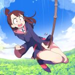  1girl absurdres bangs bike_shorts blue_sky breasts broom broom_riding brown_hair clouds collar crying crying_with_eyes_open dress forest hat highres holding holding_wand kagari_atsuko little_witch_academia long_hair medium_breasts nature once_11h open_mouth outdoors purple_dress purple_footwear purple_headwear purple_hood purple_ribbon red_eyes ribbon shiny shirt sky tears teeth tied_hair upper_teeth wand white_shirt witch_hat 