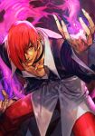  1boy bent_over black_shirt collar collared_shirt evil_smile fire hair_over_one_eye hankuri hankuri pants purple_fire red_eyes red_pants redhead shirt short_hair smile snk solo the_king_of_fighters yagami_iori 
