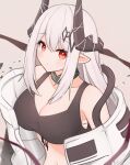  arknights hair_ornament highres horns mudrock_(arknights) oripathy_lesion_(arknights) pointy_ears red_eyes risshu sports_bra tagme white_hair 