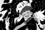  2boys amagaeru_(amapippi052525) cigarette closed_eyes dark-skinned_male dark_skin holding holding_cigarette hop_(pokemon) long_hair monochrome multiple_boys piers_(pokemon) pokemon pokemon_(game) pokemon_swsh ponytail short_hair smile smoke smoking 