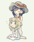  2girls :&gt; bare_arms barefoot black_hair blonde_hair blush blush_stickers braid chibi closed_eyes closed_mouth collared_dress commentary_request donguri_big dress green_eyes grey_shorts hat highres lillie_(pokemon) long_hair matching_hairstyle multiple_girls open_mouth pokemon pokemon_(game) pokemon_sm pokemon_usum selene_(pokemon) shirt shorts sitting sleeveless sleeveless_dress sleeveless_shirt smile sparkle standing tongue twin_braids white_dress 