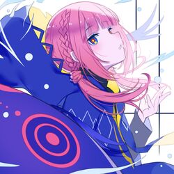  1girl blush braid capelet eyebrows_visible_through_hair highres hood hood_down hooded_capelet kaf kamitsubaki_studio long_hair long_sleeves looking_at_viewer multicolored multicolored_eyes parted_lips pink_hair solo somnium twin_braids upper_body virtual_youtuber yellow_pupils 