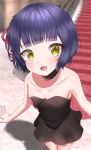  1girl alternate_costume bangs bare_shoulders blunt_bangs dress fang gochuumon_wa_usagi_desu_ka? highres jouga_maya nightgown okdy_dr_anid purple_hair red_ribbon ribbon short_dress short_hair solo stairs yellow_eyes 