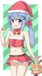  2girls antlers bangs bare_arms bare_shoulders bell blue_eyes blue_hair blush blush_stickers bow brown_hair chibi closed_eyes closed_mouth collarbone collared_shirt crop_top diagonal_stripes eyebrows_visible_through_hair fur-trimmed_headwear fur-trimmed_skirt fur_trim gochuumon_wa_usagi_desu_ka? hair_between_eyes hair_bow hair_ornament hat highres hippo_(hirople) hoto_cocoa jingle_bell kafuu_chino long_hair low_ponytail midriff multiple_girls navel open_mouth panties pink_vest rabbit_house_uniform red_bow red_headwear red_nose red_skirt reindeer_antlers santa_costume santa_hat shirt side_ponytail skirt smile solo_focus striped striped_background underwear uniform vest waitress white_panties white_shirt x_hair_ornament 