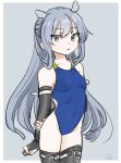  1girl alternate_costume arm_behind_back bangs black_gloves black_legwear blue_hair blue_swimsuit elbow_gloves eyebrows_visible_through_hair gloves grey_eyes headgear highres i-203_(kancolle) kantai_collection kosame_(iso) long_hair one-piece_swimsuit parted_lips sidelocks signature simple_background solo swimsuit thigh-highs 