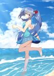  1girl bare_arms bare_shoulders barefoot blue_eyes blue_hair blue_shirt blue_skirt blue_sky breasts clouds cloudy_sky commentary_request copyright_request day foam hair_ribbon highres horizon iseshi long_hair ocean outdoors red_ribbon ribbon shirt side_ponytail skirt sky small_breasts soles solo standing standing_on_one_leg very_long_hair water waves 