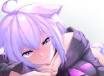  1girl :3 ahoge animal_ear_fluff animal_ears bangs black_collar cat_ears cat_tail chinese_commentary collar collarbone drawstring eyebrows_visible_through_hair hair_between_eyes highres hololive hood hoodie looking_at_viewer lying nekomata_okayu on_stomach purple_hair smile solo tail violet_eyes virtual_youtuber zuo_wei_er 