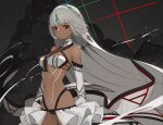  1girl absurdres altera_(fate) bangs bikini body_markings breasts bridal_veil choker dark-skinned_female dark_skin detached_sleeves fate/extella fate/extra fate/grand_order fate_(series) headpiece highres looking_at_viewer medium_breasts navel red_eyes rikui_(rella2930) short_hair silver_hair solo swimsuit tattoo veil weapon white_bikini 