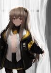  1girl 404_logo_(girls_frontline) armband black_gloves black_jacket black_legwear black_skirt brown_eyes brown_hair closed_mouth collared_shirt curtains enogaki fingerless_gloves flat_chest girls_frontline gloves highres indoors jacket long_hair long_sleeves looking_away navel one_side_up open_clothes open_jacket open_shirt pantyhose pleated_skirt scar scar_across_eye shirt skirt solo ump45_(girls_frontline) unbuttoned unbuttoned_shirt white_shirt 